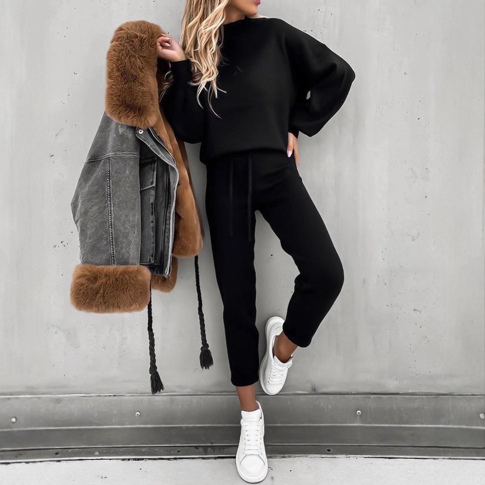 Women's High Neck Long Sleeve Pocket Trousers Two-Piece Set - Casual Autumn Winter Hoodie