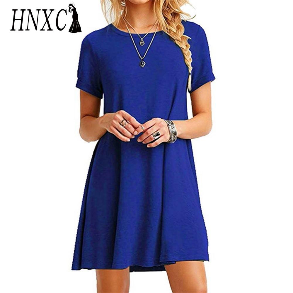 

HNXC Жіноча мода, літо, весна, суцільні кольорові повсякденні сукні з коротким рукавом і круглим вирізом S синій