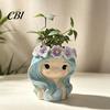 Unique Resin Planter with Flower Garland Cute Girl Planter, Blue Hair Head Small Succulents for Desk Decorative Plant Pot Cacti Indoor Plants