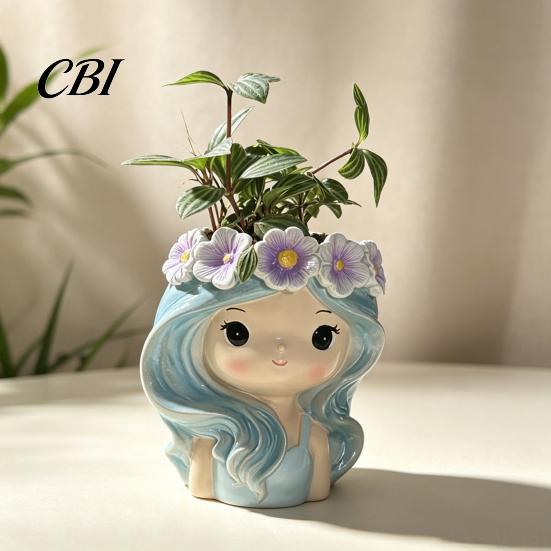 Unique Resin Planter with Flower Garland Cute Girl Planter, Blue Hair Head Small Succulents for Desk Decorative Plant Pot Cacti Indoor Plants