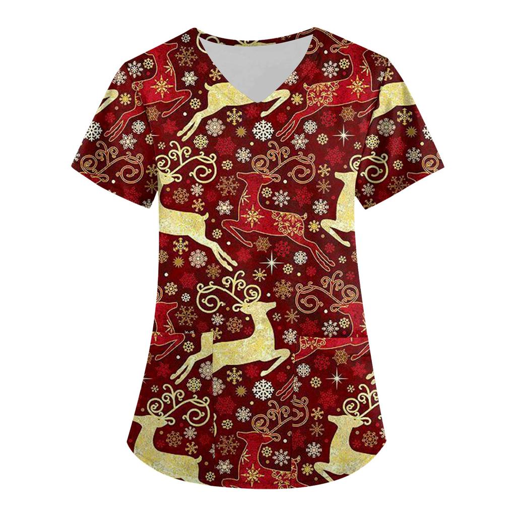 Women's Fashion V-neck Short Sleeve Workwear With Pockets Christmas Printed Tops