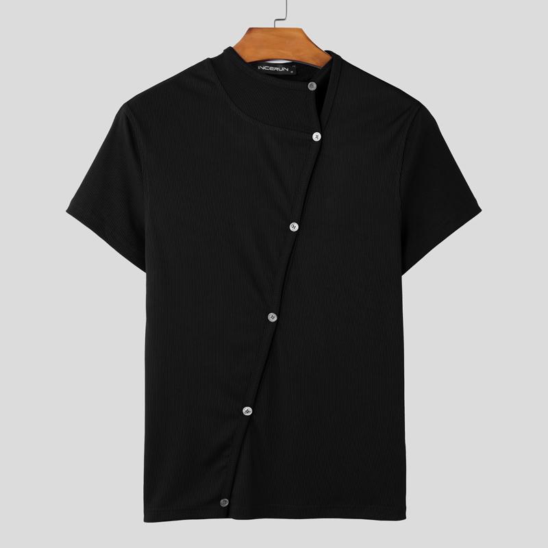 

INCERUN Летние мужские футболки с воротником-стойкой и коротким рукавом с боковыми пуговицами в рубчик L чёрный