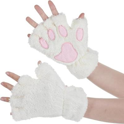 Winter Warm Soft Cat Paw Gloves for Women Half Finger Faux Fur Plush Mittens