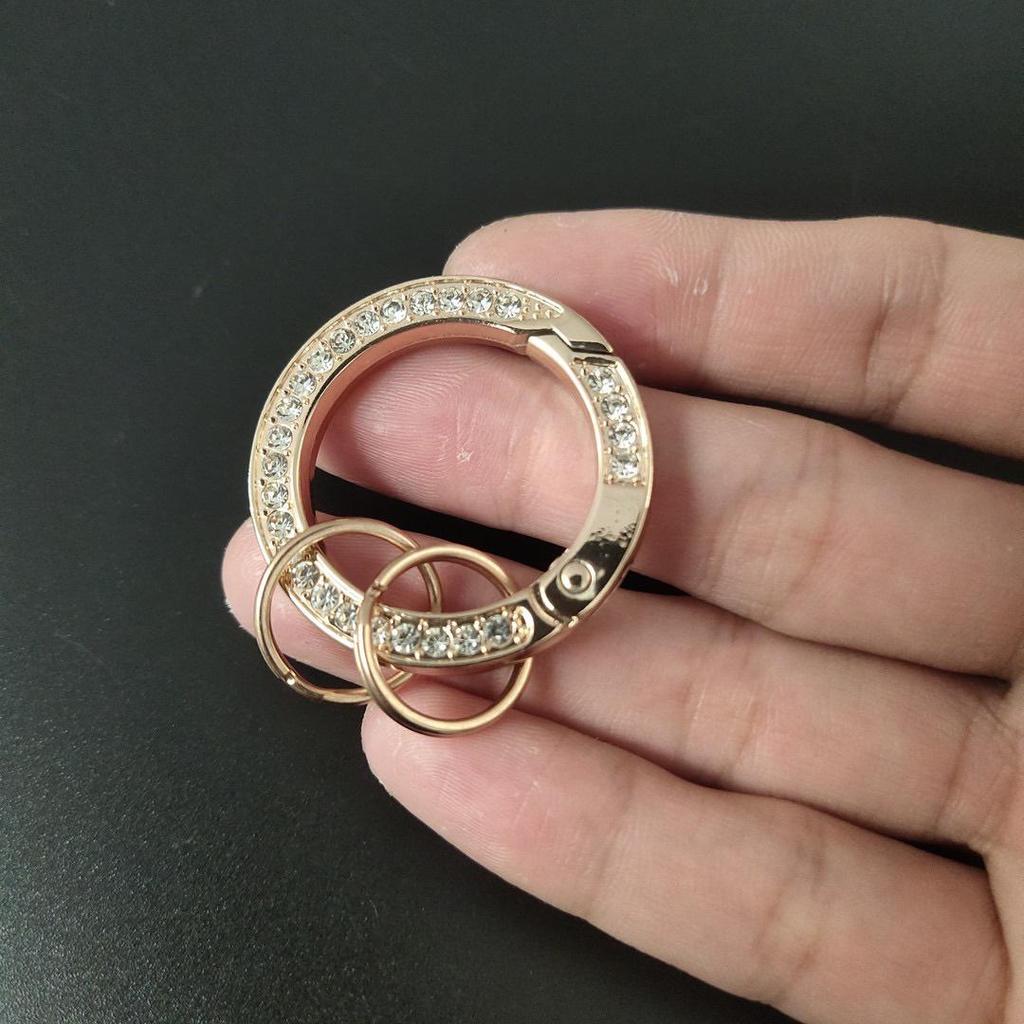 Rhinestone Circle Car Keychain with Gold Edge, Rope, Metal Keyring Pendant for Hyundai – Waist Hanging Household Hardware Buckle