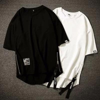 Men's Spring and Summer Plus Size Loose Round Neck Thin Section Zip Hong Kong Style Solid Colour Short Sleeve