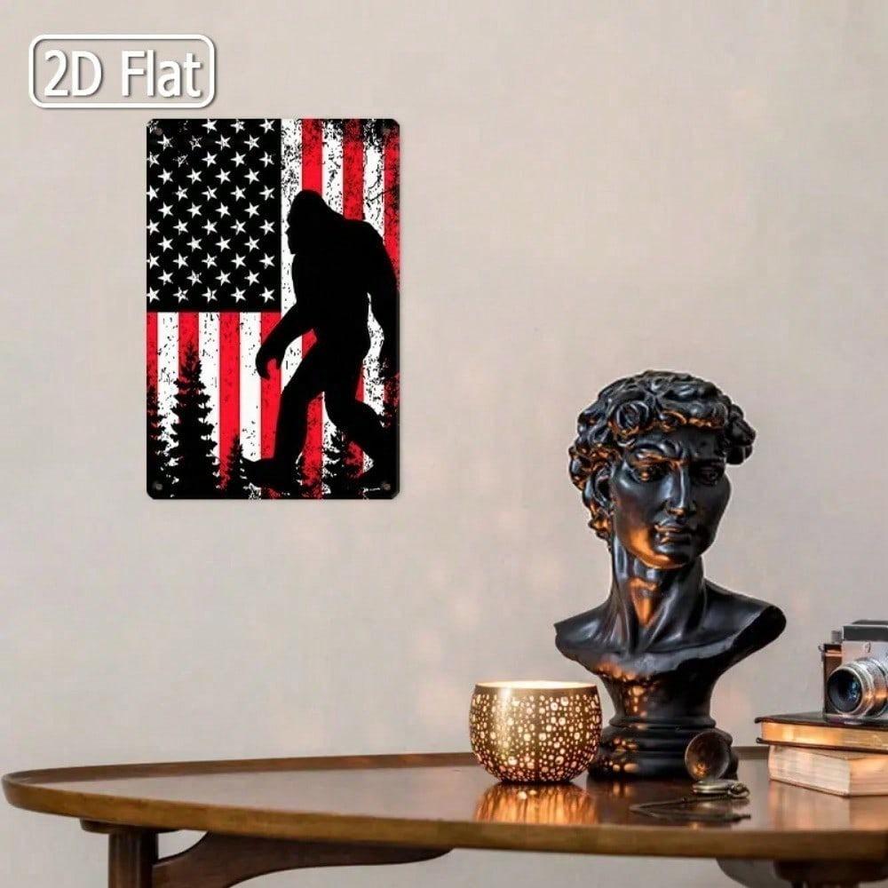 Bigfoot Metal Tin Sign American Flag Rustic Wall Decor Man Cave Gift