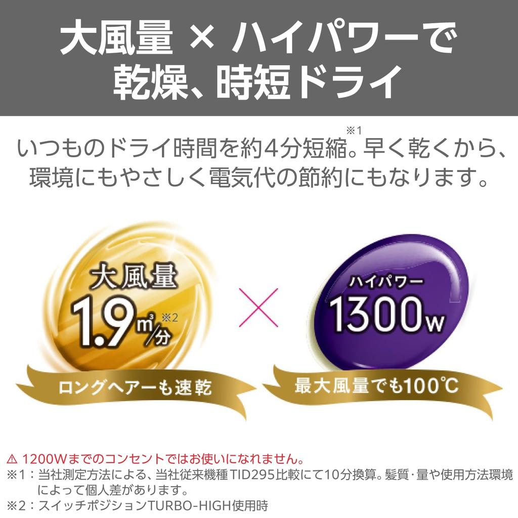 Tescom Hair Dryer, Negative Ion, Foldable, High Airflow, Easy-to-Remove Plug, Prism White, TID1100B-W