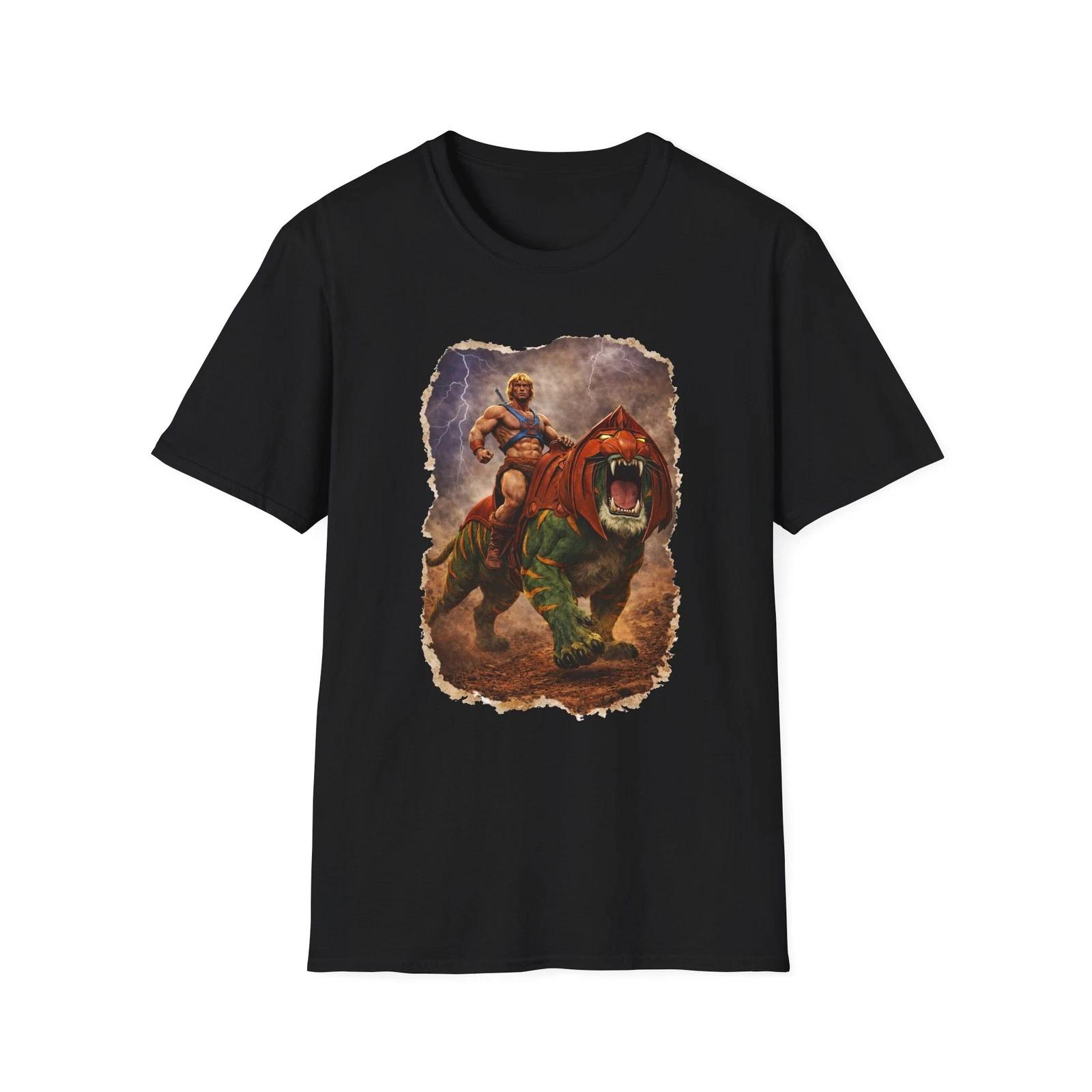 He-man and Hell cat T-Shirt | Fantasy Warrior Illustration XL
