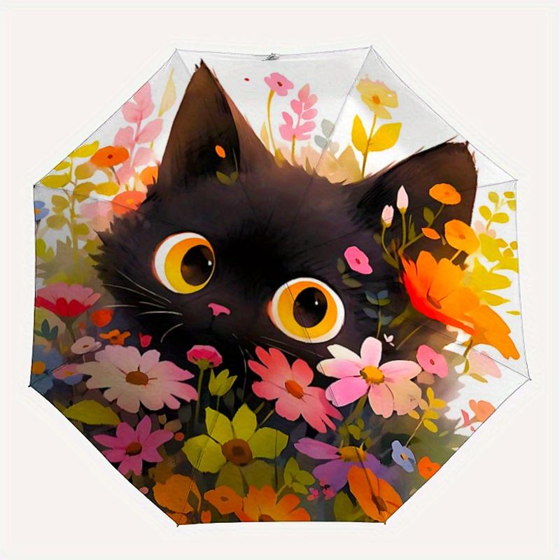 1pc Flower Black Cat Pattern Beautiful Looking Automatic Folding Umbrella, 3 Folding, 8 Pole Frame Design, Durable and Suitable for Travel and Daily U