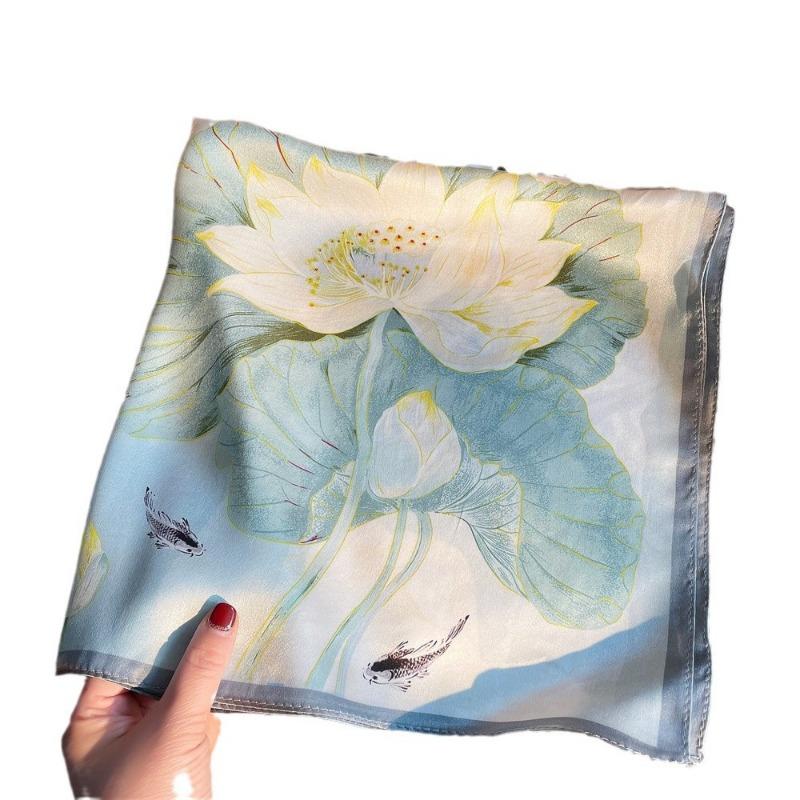 Spring New Fresh Flower Silk Crepe Satin Printed Silk Scarf Women's Fashion Versatile Mulberry Silk Small Square Scarf