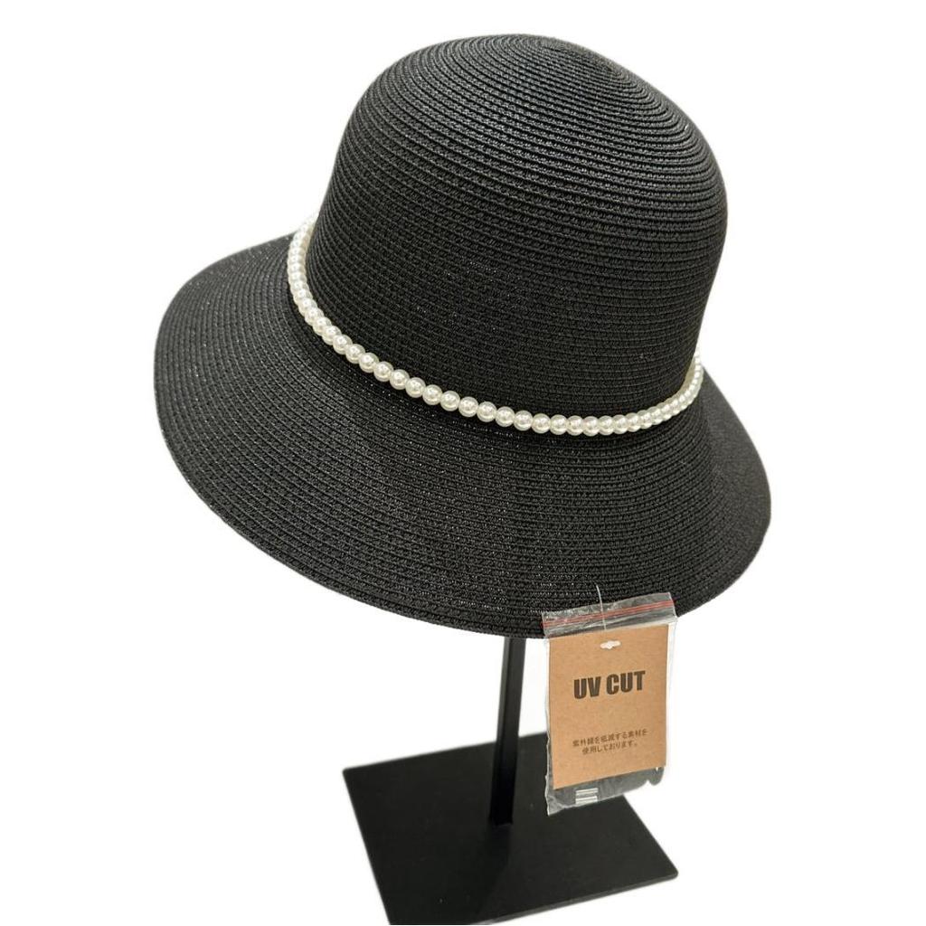 French Style Retro Pearl Chain Flat Top Elegant Straw Hat Sunshade Spring And Summer Big Eaves Hat Top Hat Women'S Beach Hat