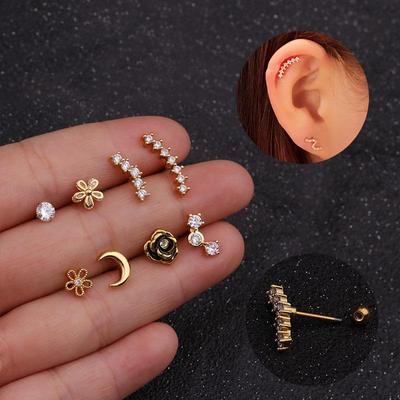 Dainty Rose Moon Ear Studs, Stainless Steel CZ Cartilage Helix Piercing Jewelry