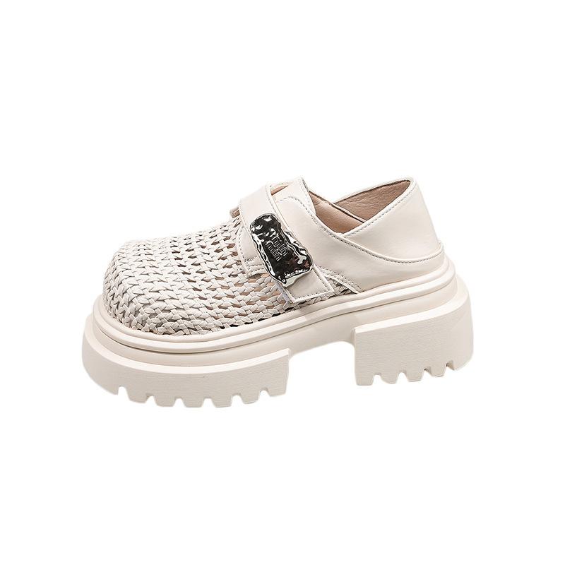 

Две носки тканые на толстой подошве с увеличенной высотой женские туфли на толстом каблуке из маленькой кожи 2025 лето новая обувь с полыми отверстиями сандалии 35 бежевый