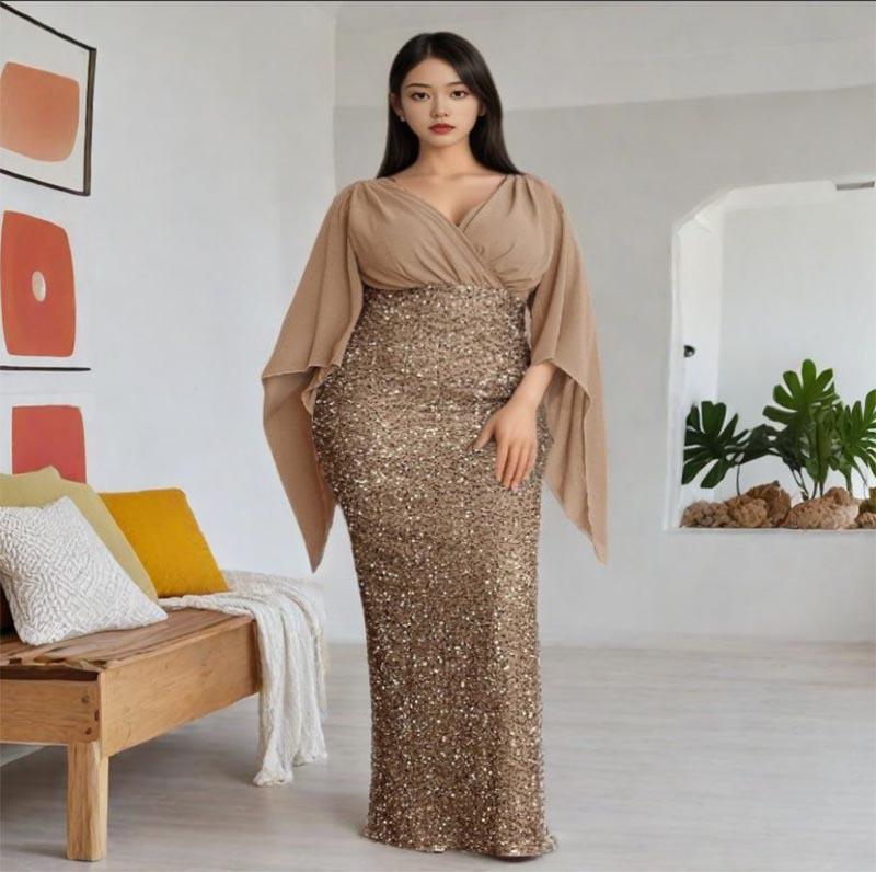 "2025 Elegant V-Neck Chiffon Sequin Spliced Evening Gown"