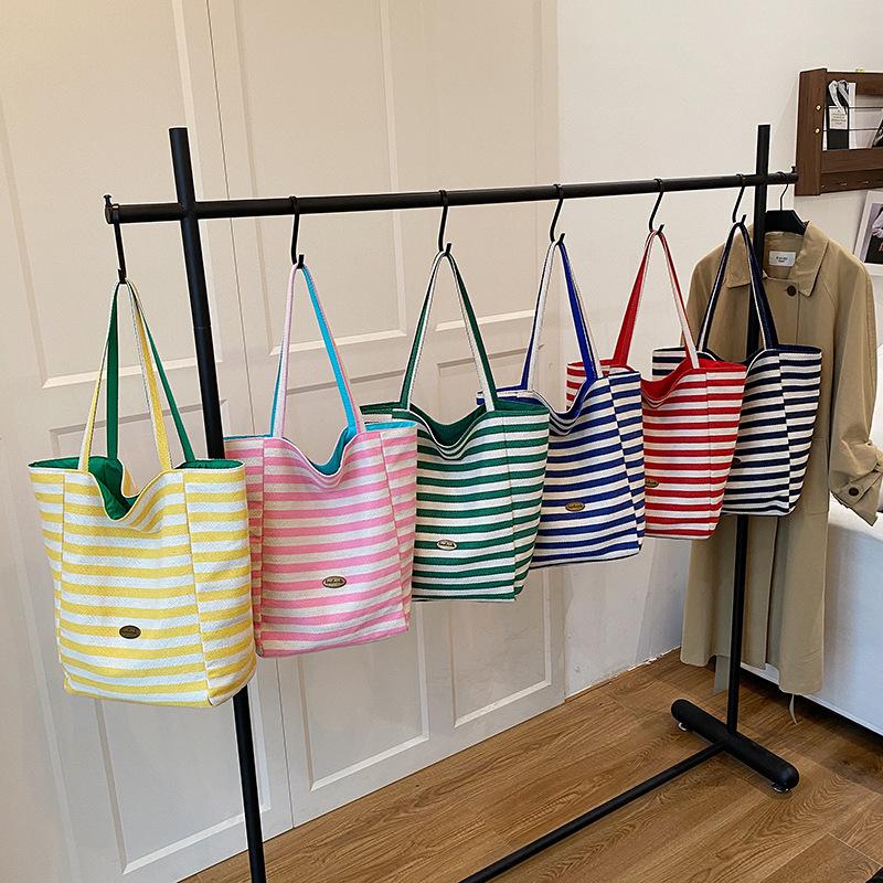 Double-sided Striped Canvas Bag for Women's Foreign Trade Korean New Lazy Style Shoulder Bag Large Capacity Commuting Toy Bag
