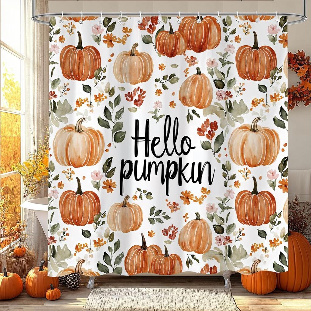 Fall Pumpkin Maple Leaf Shower Curtain, Autumn Thanksgiving Harvest Orange Pumpkin Design Bath Curta for Bathroom, Watercolor Floral Decor Waterproof