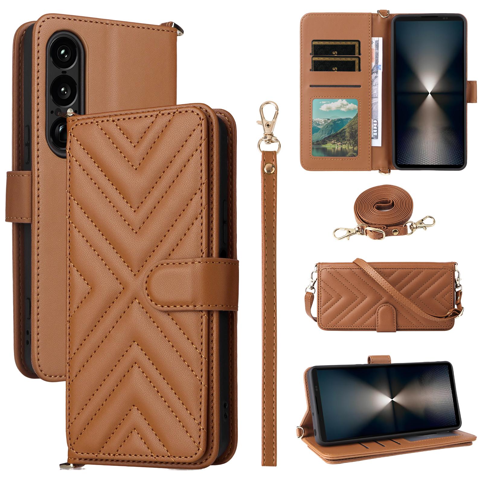 

For Sony Xperia 1 VII Wallet Case with Shoulder/Wrist Strap Leather Phone Cover Stand Brown