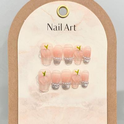 HANDMADE Artificial Nail Cute Peach Gentle Blush Cat Eye Pearls Fake Nail Set With Glue Reusable and Removable Press On Nails