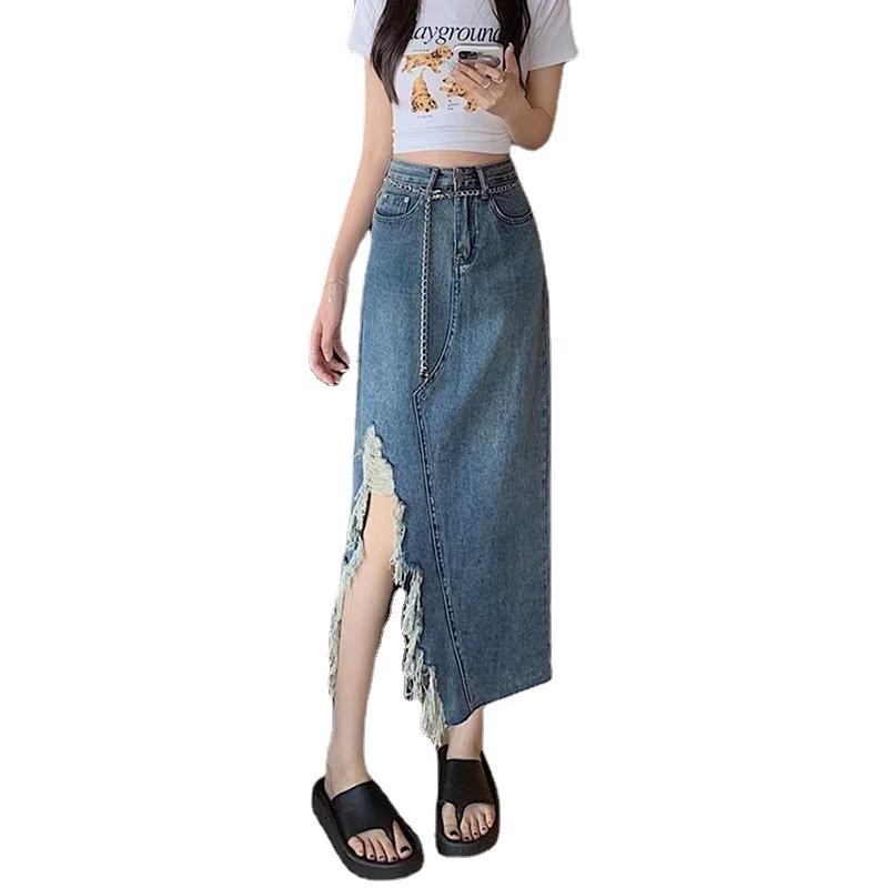 Large Size Irregular Retro Open Fork Denim Half-body Skirt Woman Summer Thin Medium-length Package Hip A Word Skirt