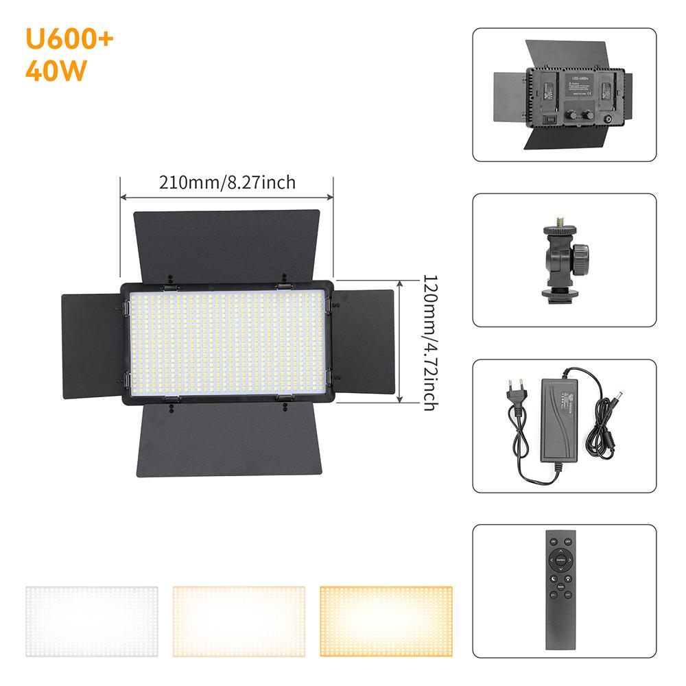 U800 600 LED Video Panel Light Kit Camera Light Studio Photography Lamp Dimmable 3200-5600K for Gaming Stream Conference Makeup