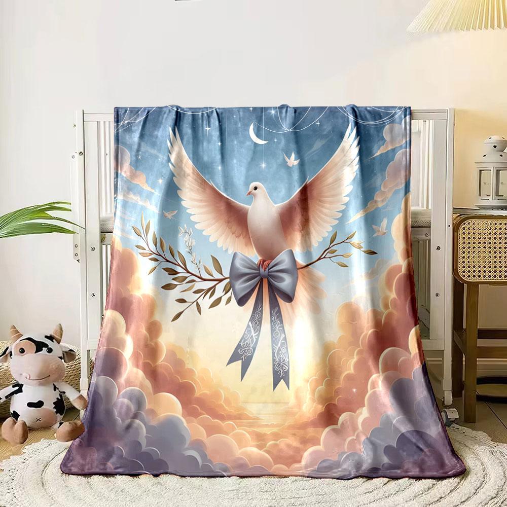 A Dove Carrying an Olive Branch with a Blue Ribbon In a Dreamy Sky. for All Seasons Blanket Lunch Break Throw Gift