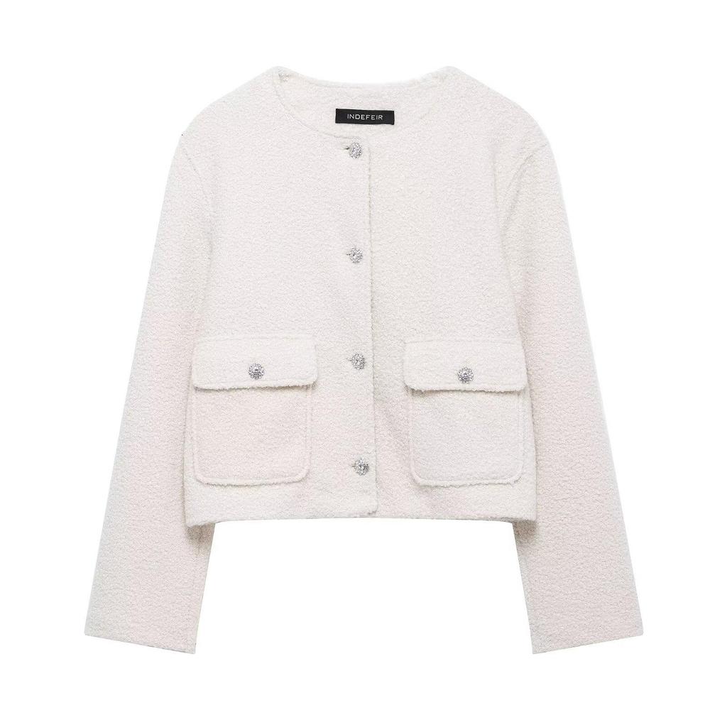TAOP&ZA Spring/Summer Women's Commuter Double-Breasted Beaded Knit Crew Neck Jacket