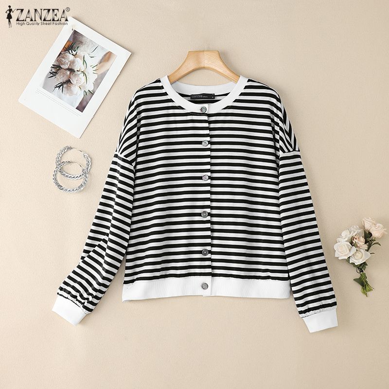 ZANZEA Women Casual Round Neck Long Sleeve Stripe Cardigan Blouse