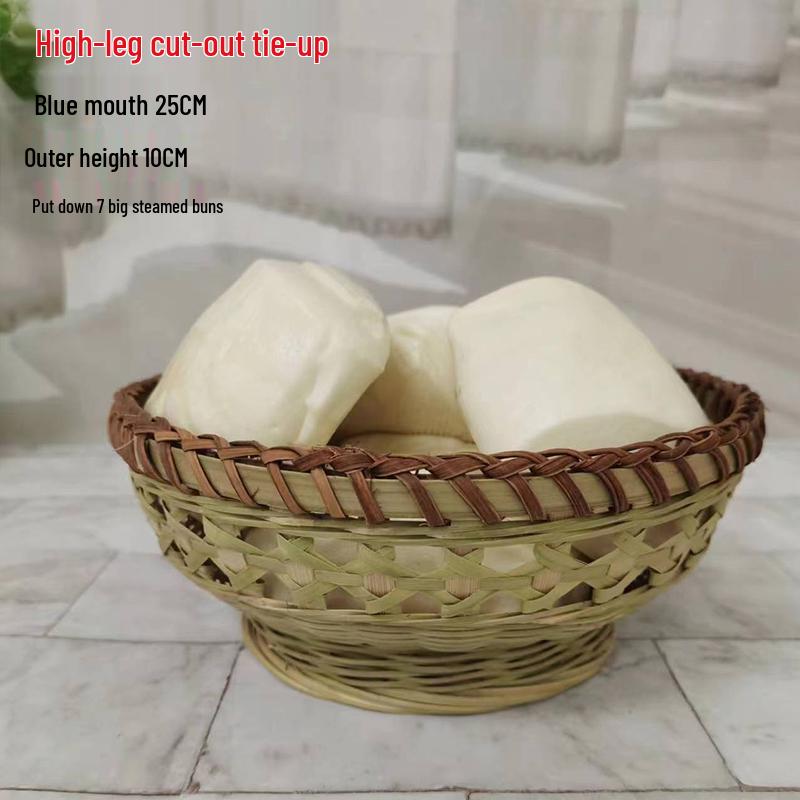 Large Bamboo Rattan High-Foot Steamed Bun & Snack Basket - Finely Woven, Multi-Purpose Household Kitchen Fruit & Vegetable Wash Basket, Round Design
