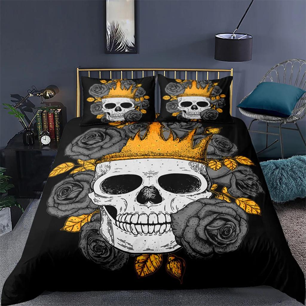 Skull Floral Skull Duvet Cover Full Size Gothic Skull Rose Bones Skeleton For Kids Women Men Red Black For Bedroom Decorations