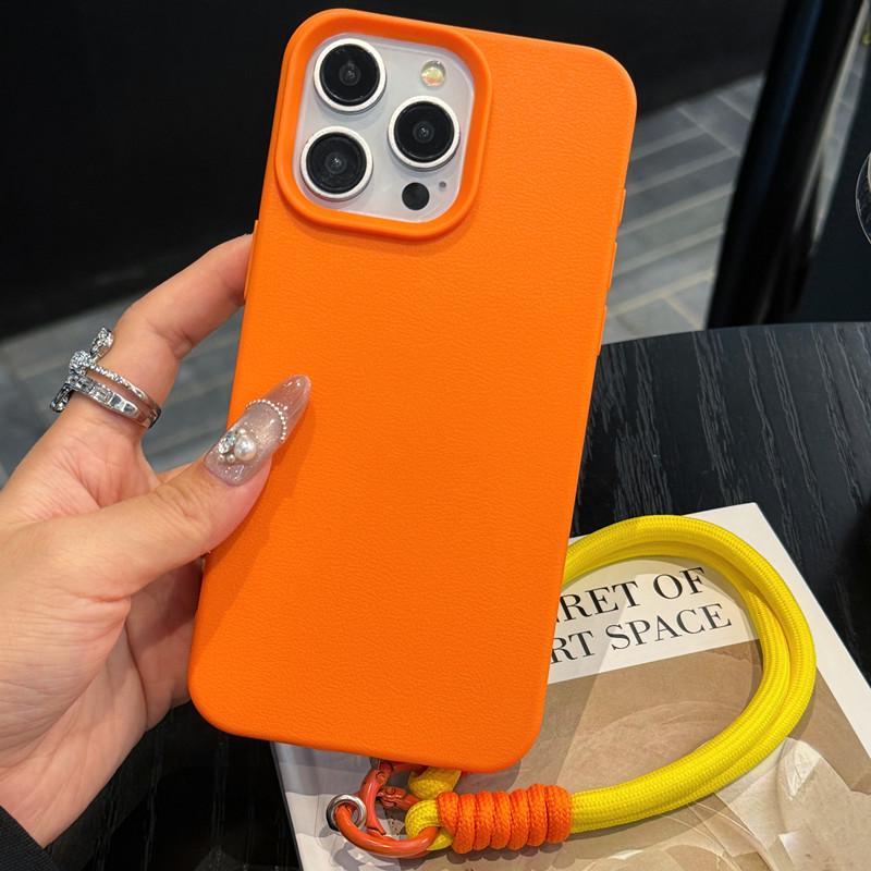 Kožená textura Lanyard Pouzdro na iPhone pro iPhone 12-17 s ručním popruhem, Jednobarevné