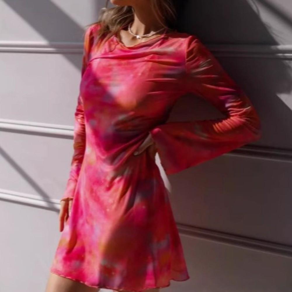 Round Neck Bikini Cover Up Long Bell Sleeves Beach Bodycon Dress Fashion Swimsuit Cover Up XXL розовый
