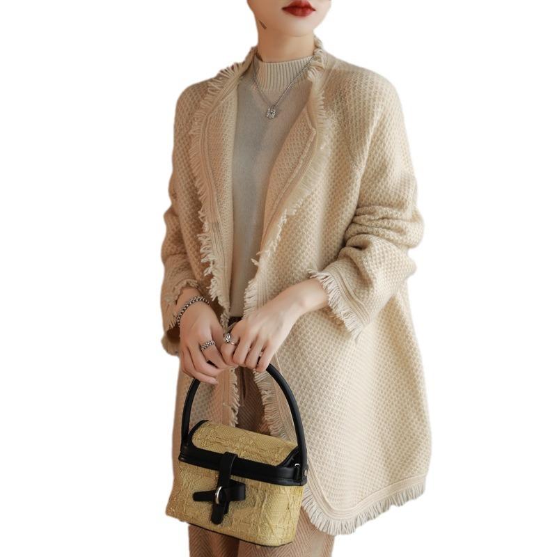 Korean New Soft Waxy Medium And Long Rough Edge Knitted Sweater Women'S Casual Lazy Style Small Sweater Cardigan Jacket Tide