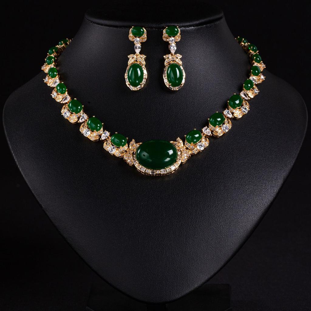 Luxury Beautiful Onyx Green Whitening Jewellery Necklace and Earrings 2 Pcs Wedding Party Gift Dubai Women Prom M-583