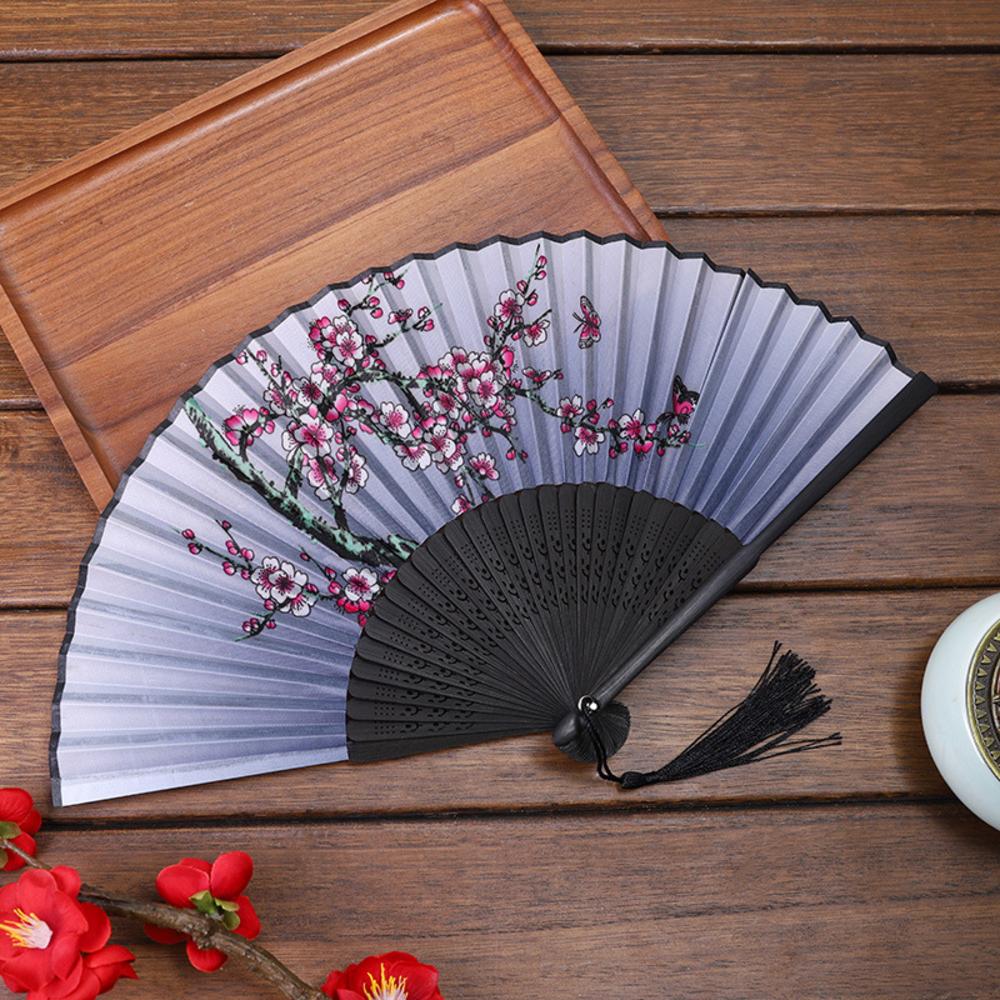 Chinese Japanese Folding Fan Wooden Shank Classical Dance Fan Tassel Elegent Female Fan Party Art Craft Gift Home Decoration