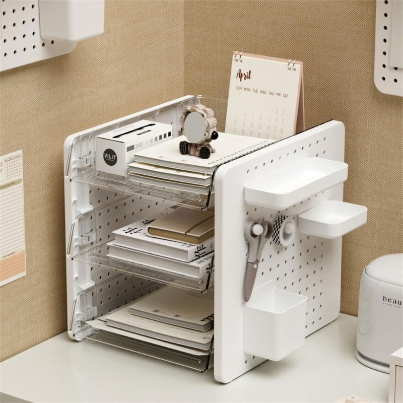 Multifunctional Desktop Organizer 2/3 Tiered File Tray Stackable Paper Letter Tray Organizers With Pen Cup and Pegboard
