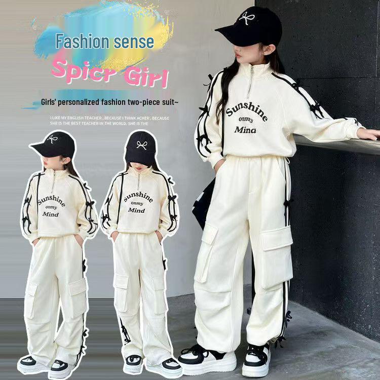 Girls' Korean-Style Sports Suits: Fashionable Spring & Autumn Letter Sweatshirts with Overalls for Kids (Two-Piece Set)