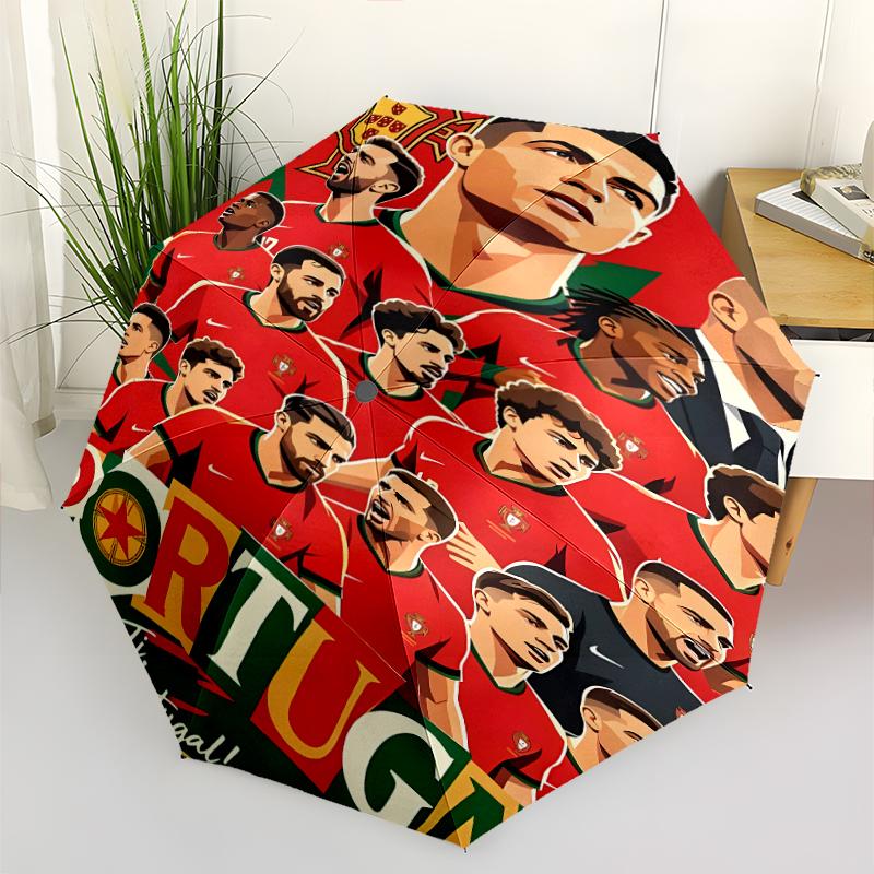 Cristiano Ronaldo Print Automatic Umbrella, 8 Rib Iron Frame, Plastic Handle, Suitable for Outdoor Travel &Daily , Ideal Gift