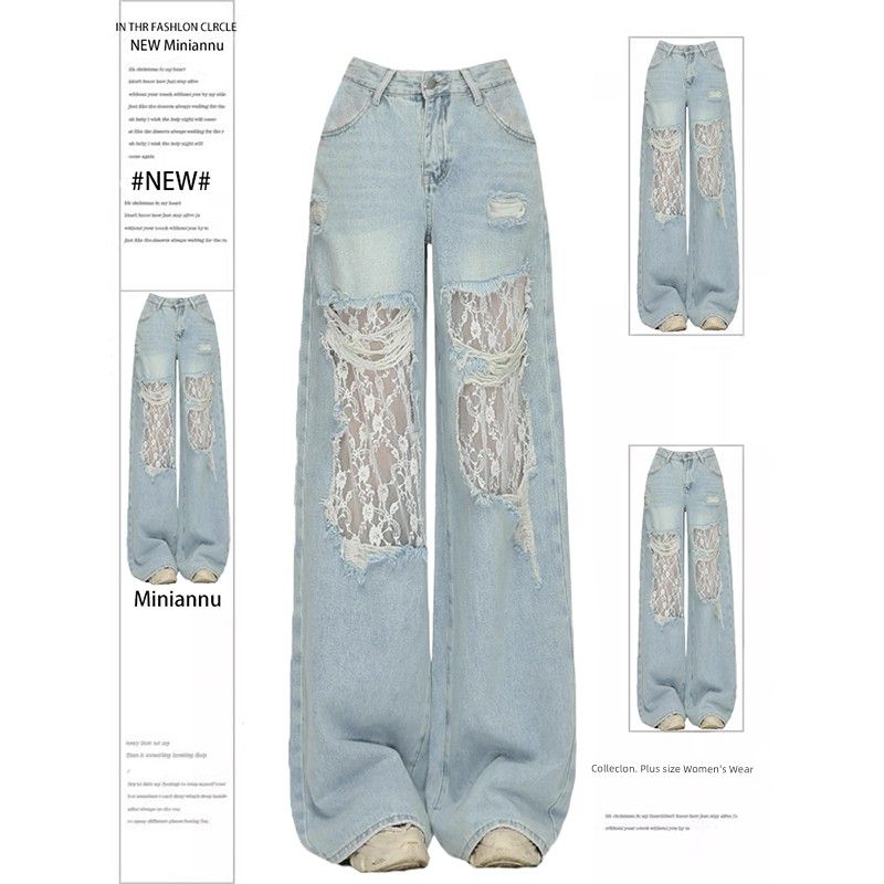 

Plus-Size Women s Ripped Jeans, Summer Thin Lace Patchwork Design Straight-Leg Pants, Distressed Pants Blue 5XL