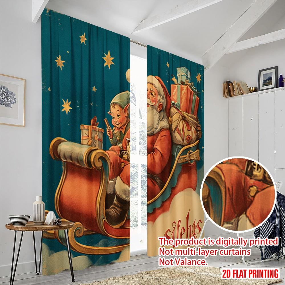 2pcs,2D Plane Printing Print Curtains Santa Claus Gift Polyester Woven (without Rod) All Seasons Ldeal for Various Room Types