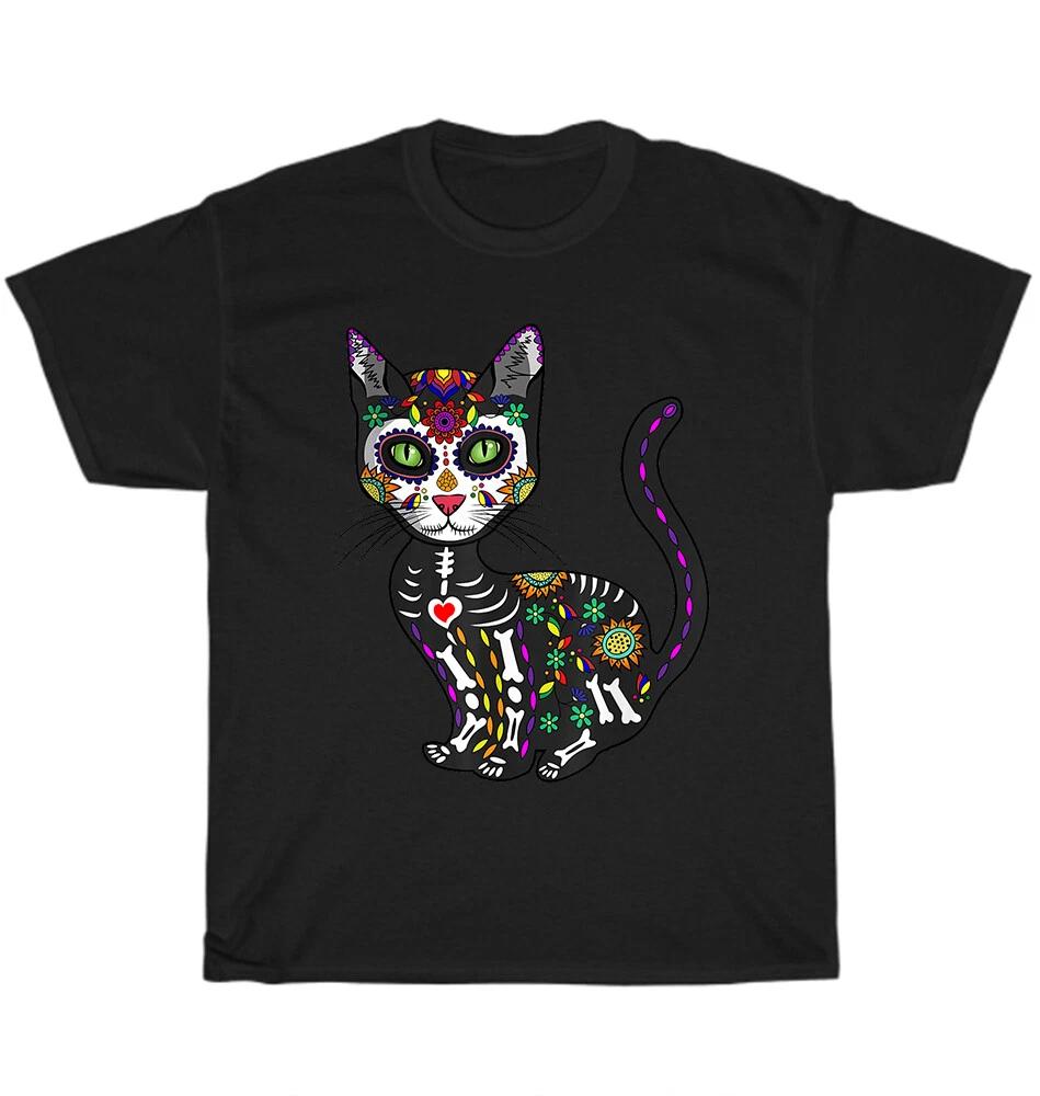 Cute Sugar Skull Mexican Cat Halloween Day Of The Dead T-Shirt Unisex Tee Gift XXL