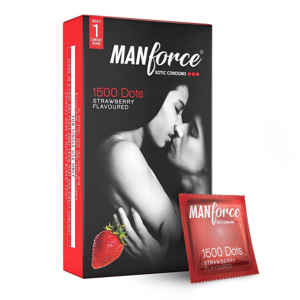 Manforce Xotic Strawberry Flavoured Extra Dotted Condoms for Men | Dotted for Her Stimulation | Lubricated Latex Condoms | 10 Pcs x Pack of 12