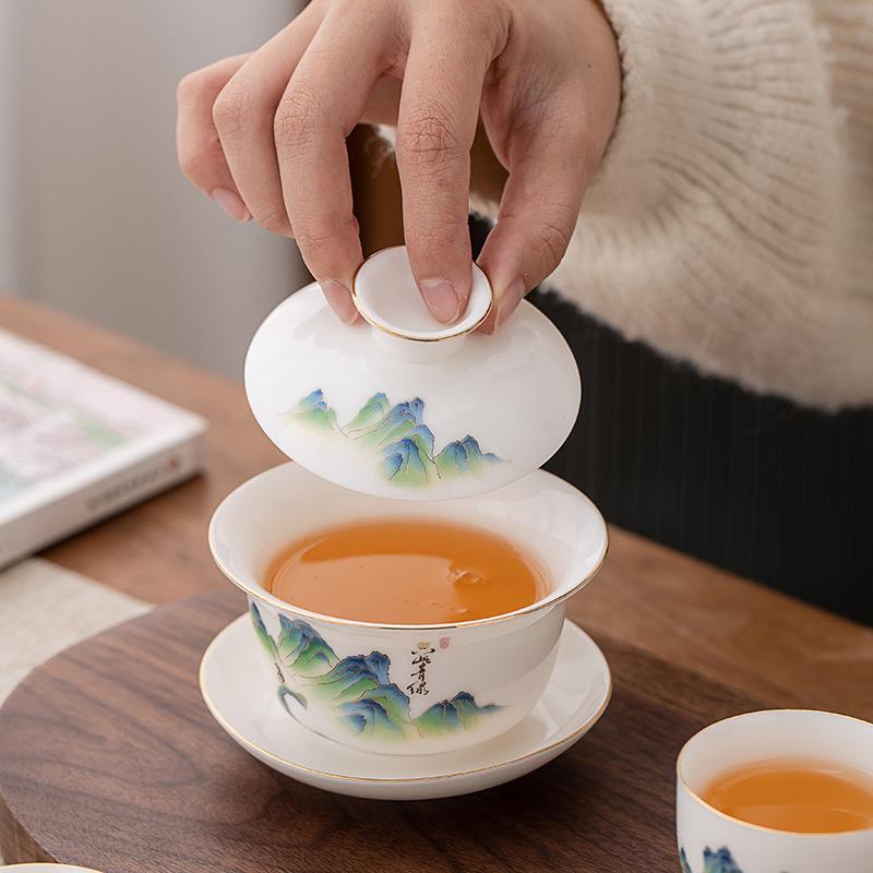 Suet Jade Tea Set Will Give Customers Ceramic Cover Bowls, Teacups, Gift Boxes, and Business Gifts.