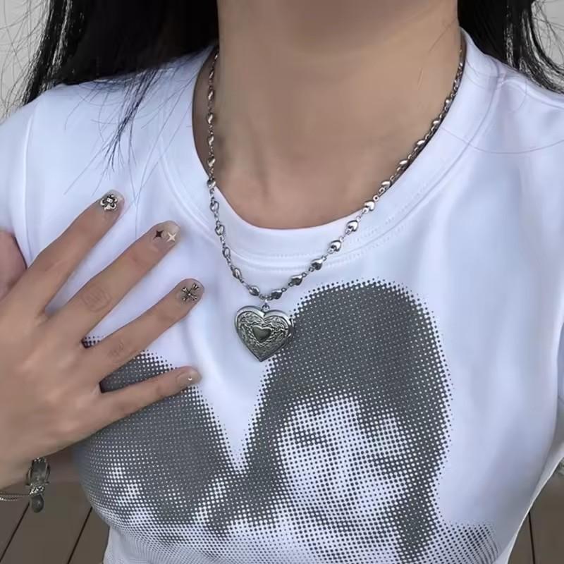 Süße Coole Herzketten Halskette Damen Mode Trend Geschnitzt Alt Vintage Palast Stil Öffnbares Herz Foto Rahmen Anhänger Halskette