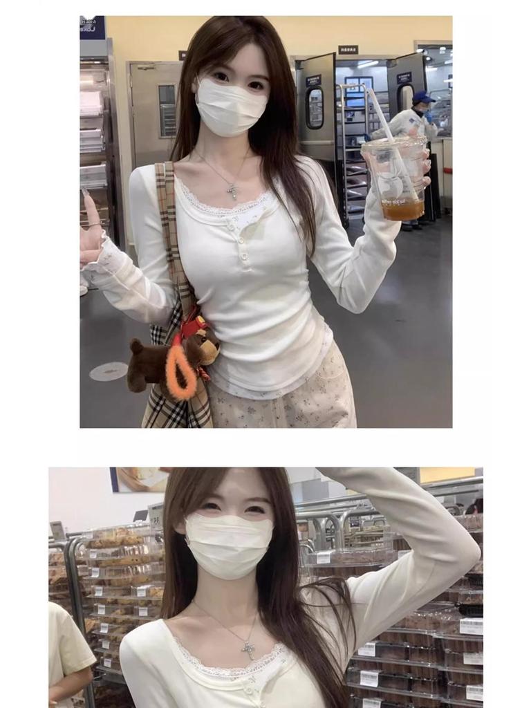 Korean Style Autumn Floral Lace Color-Block Button Shirt: Women's Long Sleeve Two-Piece T-shirt