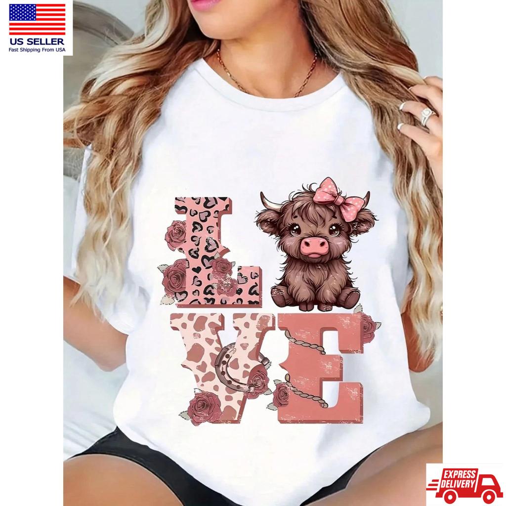 Cute Highland Cow Love Shirt Plus Size Western Cowgirl Graphic Tee