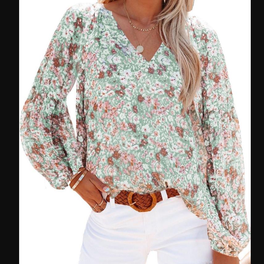 

Весенне-летняя рубашка с длинным рукавом, V-образным вырезом, универсальный принт, женский топ XL зелёный