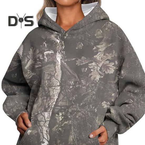 Fall Winter Women Hoodie Leaf Print Big Pocket Long Sleeves Thick Warm Loose Hooded Camouflage Daily Sport Top