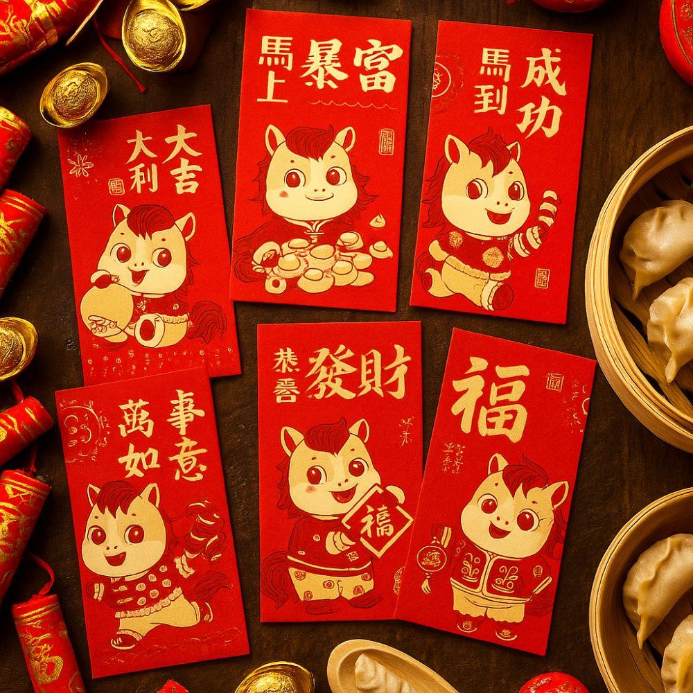 6pcs Gold Stamping 2026 New Year Red Envelope Blessing Lucky Red Pocket Festival Decoration