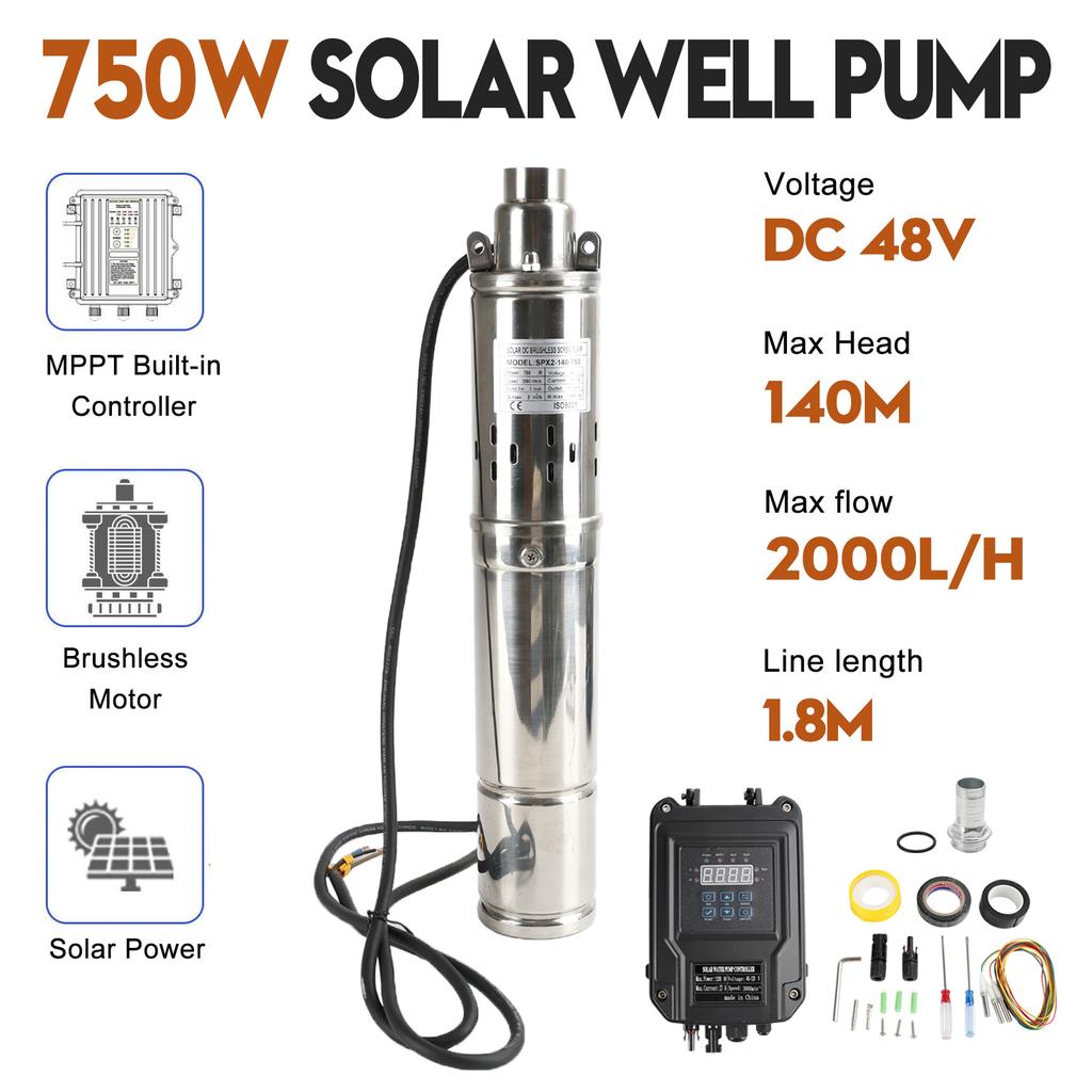 3" 48V 750W MPPT Screw Solar Bore Pump Submersible Deep Well Hole Steel  3" 48V 750W Deep Well Solar Submersible Bore Hole Water Pump Head 140M
