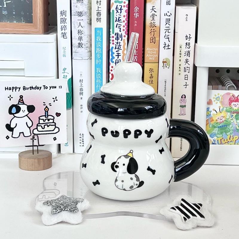 Cute spotted puppy straw cup high value ceramic mug cartoon children's water cup milk cup birthday gift